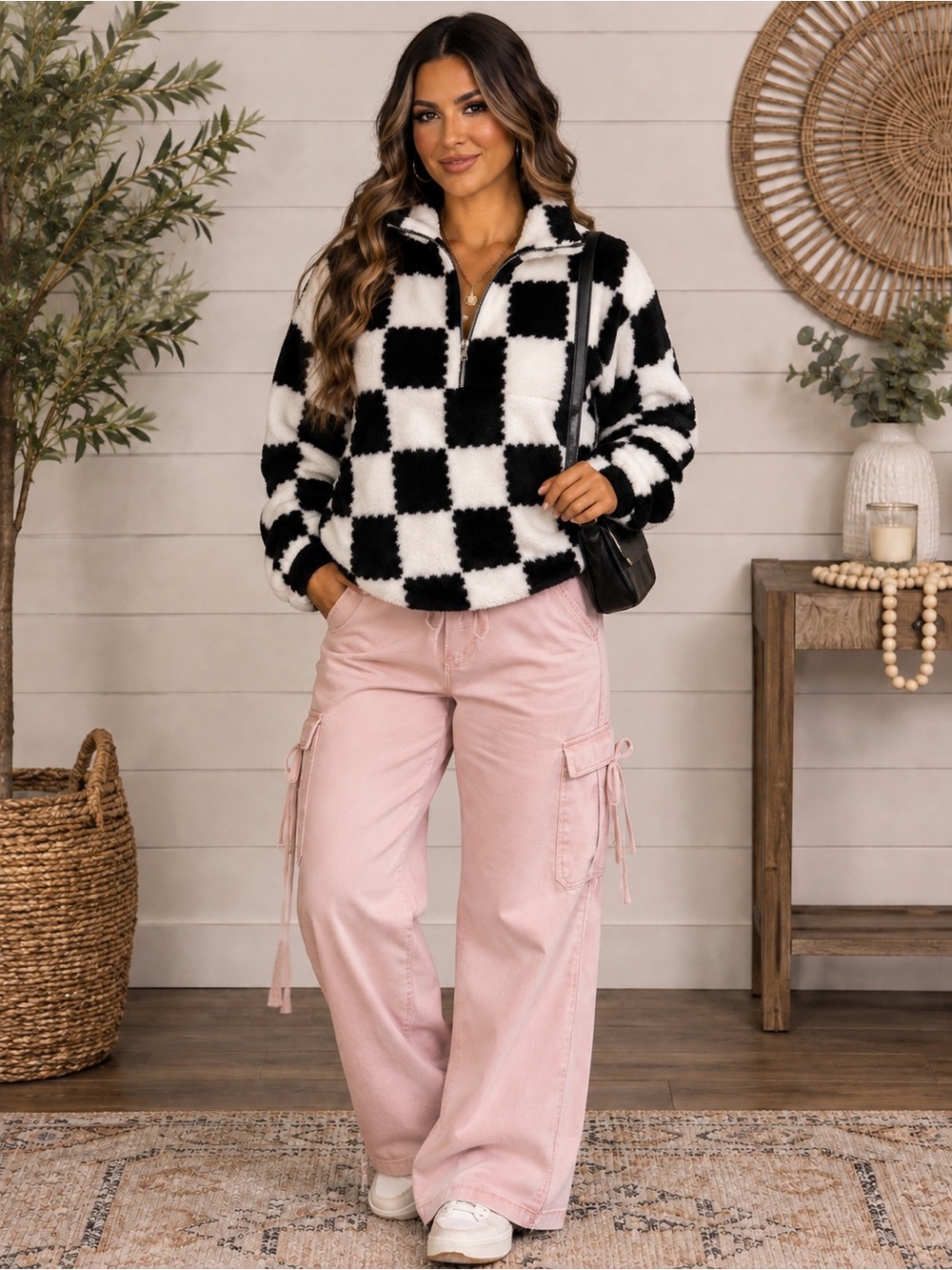 POL Black White Checkered Sherpa Half Zip Pullover Jacket Size Small